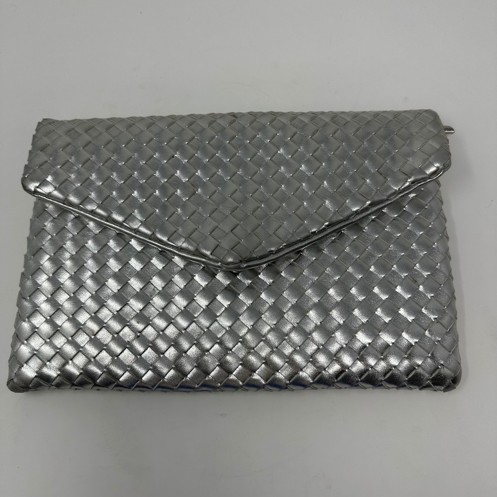 Silver Metallic Woven Envelope Clutch Bag Evening Party Purse